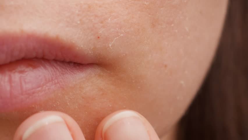 A young Caucasian woman touches her face with her hand next to her lips. Close-up. Peeling of the skin. Dermatitis Royalty-Free Stock Footage #1104771115