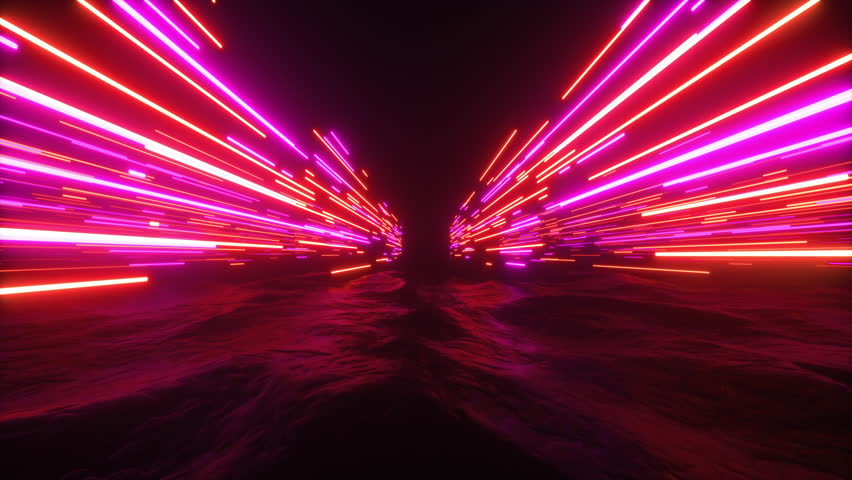This Stock Motion graphics video shows a Colorful neon streaks flying above the landscape futuristic vj background on a seamless loop
