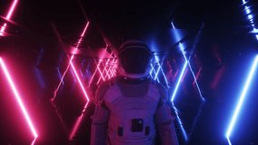 This Stock Motion Graphics video shows a walking Astronaut in neon glowing futuristic tunnel background on a seamless loop

