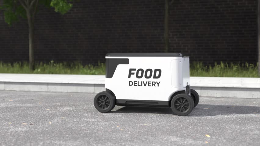Autonomous delivery robot, Robot delivering food, Delivery robotic concept Royalty-Free Stock Footage #1104777201