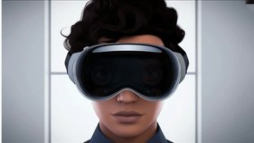 Young girl wearing apple vision pro augmented reality glasses short animated video clip blinking eyes