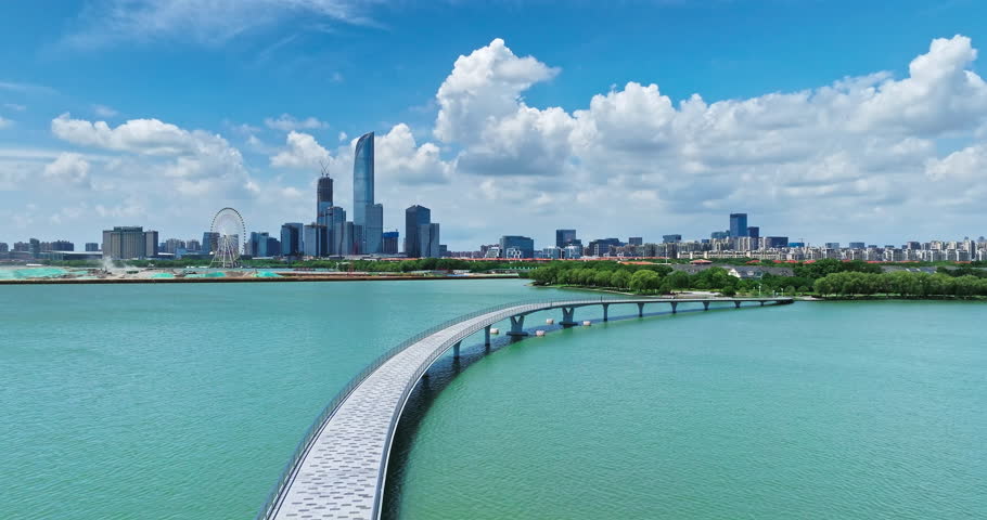 Cityscape of CBD in Suzhou Industrial Park, Jiangsu Province, China. Aerial footage of city skyline and beautiful lake scenery in Suzhou.