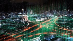 Exploring the Enigmatic Nightscape: Futuristic Aerial City Views Enhanced with Striking Digital Overlay and Futuristic Infographics. Illuminating the Urban Skylines Timelapse Hyperlapse, 4K  - Powered by Shutterstock - Get 15% off with code: PIKWIZARD15