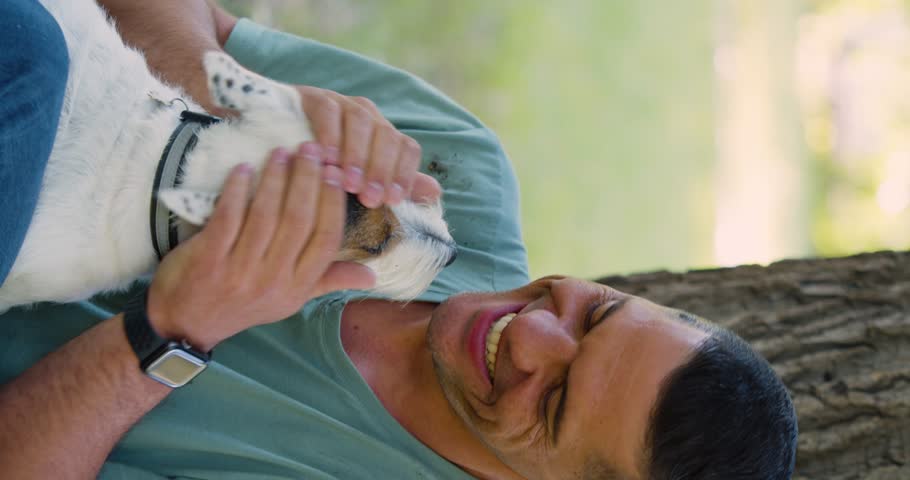 Love and communication with pets as a way to mental health. Middle-aged man in the park with his best friend Jack Russell Terrier playing with his owner. Close-up view. Slow motion 4k footage. Royalty-Free Stock Footage #1104783225