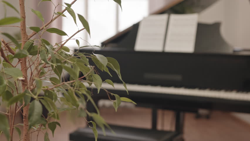 Slowmo of black grand piano and two sheets of paper with notes on it standing in class of music school