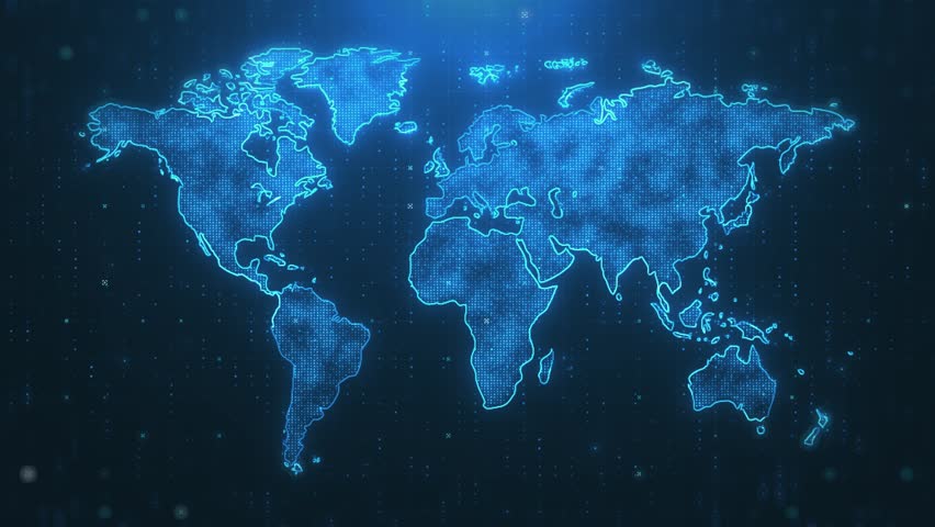 Digital Technology World Map Animation. Glowing Connections in Global Blue World Map Loop with Visual Effects Royalty-Free Stock Footage #1104784405