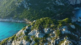 Aerial panoramic view of urban landscape on the Greek coast. Seascape on summer day.