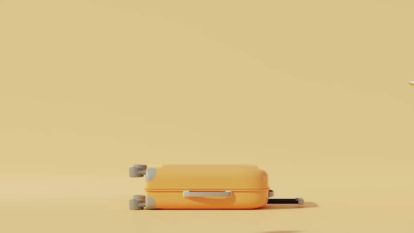 Vector 3D realistic of an orange travel suitcase opened and several stuffs flying up. An umbrella and a beach folding chair with yellow and white color moving in from outside Royalty-Free Stock Footage #1104788855