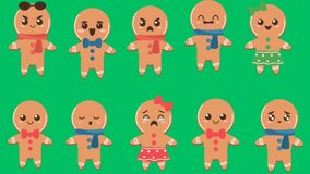green screen video collection of gingerbread cookies stickers emoticons expressions emojis moving for video editing using chroma key, simple to crop