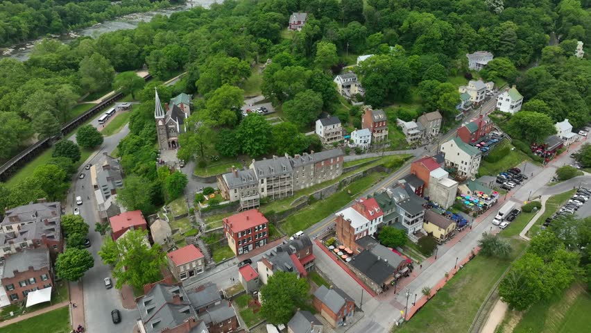Historic Harpers Ferry WV. Aerial establishing shot in summer. Famous West Virginia Civil War history destination.