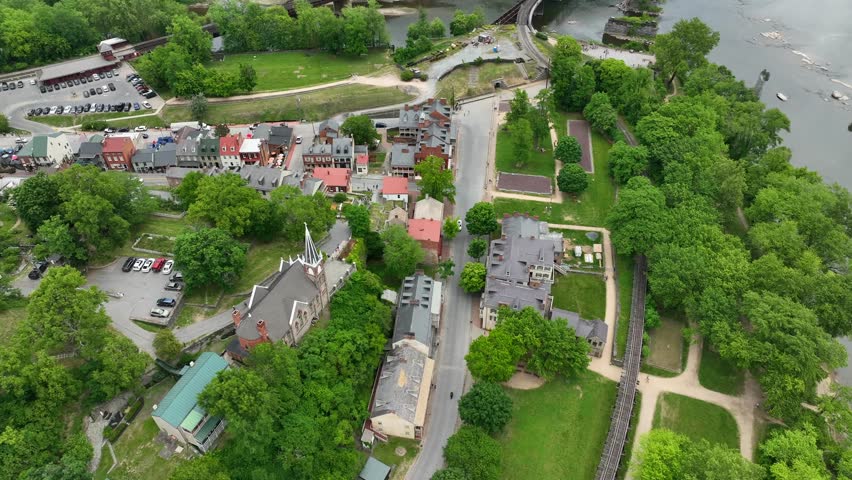 Harpers Ferry West Virginia historic homes in quaint village. American Civil War history theme.