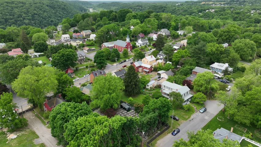 Small town in Shenandoah Mountains. Harpers Ferry West Virginia. WV, Virginia, Maryland confluence aerial view.
