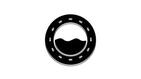 Black Ship porthole with rivets and seascape outside icon isolated on white background. 4K Video motion graphic animation.