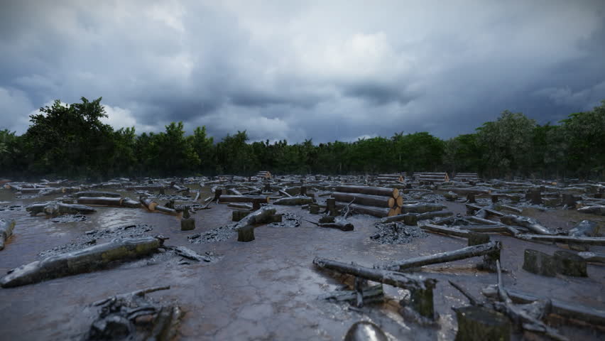 Muddy land and cut down trees, piled logs, and wood debris | Shutterstock HD Video #1104793103