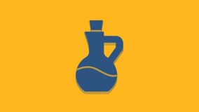 Blue Bottle of olive oil icon isolated on orange background. Jug with olive oil icon. 4K Video motion graphic animation .