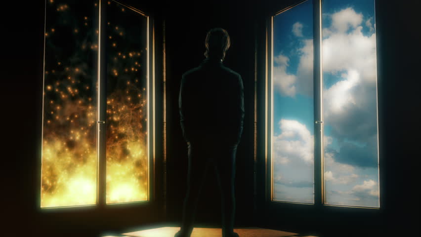 Man Hell Heaven Doors Choice Conceptual Background. Man stuck in between the doors of hell and heaven, conceptual background | Shutterstock HD Video #1104794999