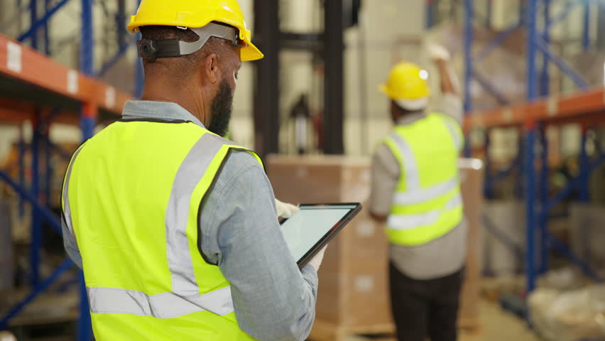 Warehouse workers checking and controlling boxes in warehouse Royalty-Free Stock Footage #1104796509