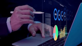 Businessman working with laptop computer, showing chart and graph icons on virtual hologram digital screen interface. Big data analytics, BI business intelligence, investment and financial concept. - Powered by Shutterstock - Get 15% off with code: PIKWIZARD15