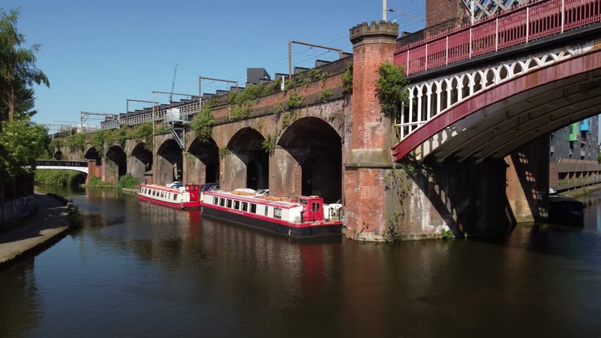 aerial view of the canal, boats around, castlefield canal.