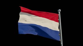 Seamless loop video of the flag Netherlands (Holland) waving on a metal flagpole. Bottom right view, static camera. Alpha Channel.
