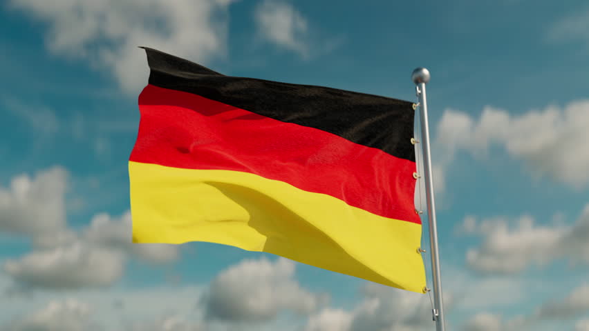 Seamless loop video of the flag Germany waving on a metal flagpole, against the background of light clouds on a sunny day. Bottom right view, static camera. Royalty-Free Stock Footage #1104807219