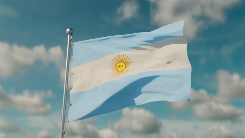 Seamless loop video of the flag Argentina waving on a metal flagpole, against the background of light clouds on a sunny day. Bottom left view, static camera. | Shutterstock HD Video #1104807233