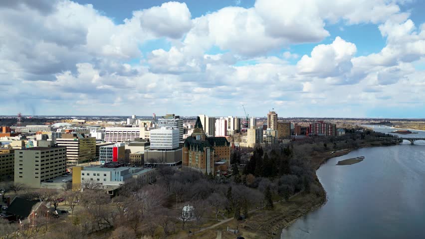 Aerial view of the downtown area of Saskatoon, Saskatchewan, Canada