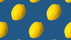 A pattern of lemon fruit moving from left to right, over blue background,top view.