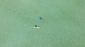 Aerial view of tourists enjoying water sport during summer holidays, Hawaii island USA. Concept of active tourism and travel. Drone video two women paddling on sup board at shallow waters on Oahu 4K