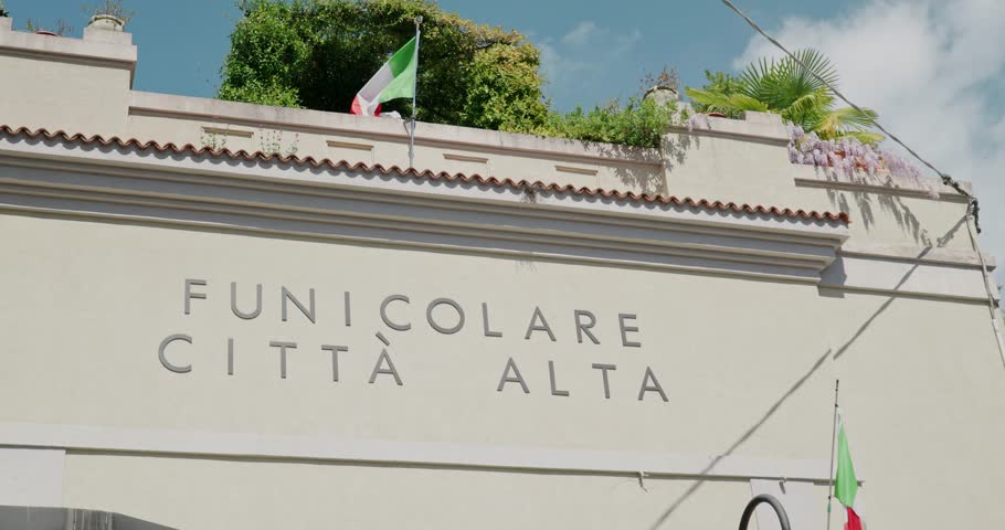 Bergamo Funicular Railway Station In The Upper Town-Lower Town In The City Of Bergamo, Italy. Close up