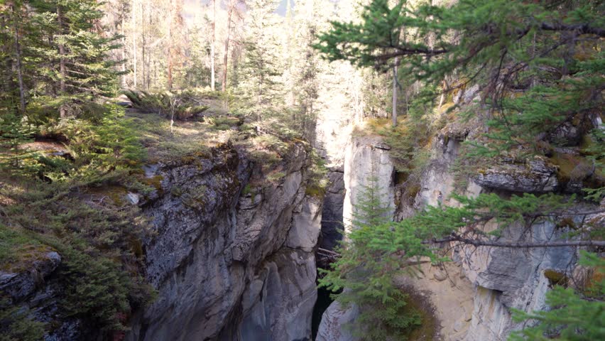 Maligne Canyon waterfall in summer. Jasper National Park, Alberta, Canada.