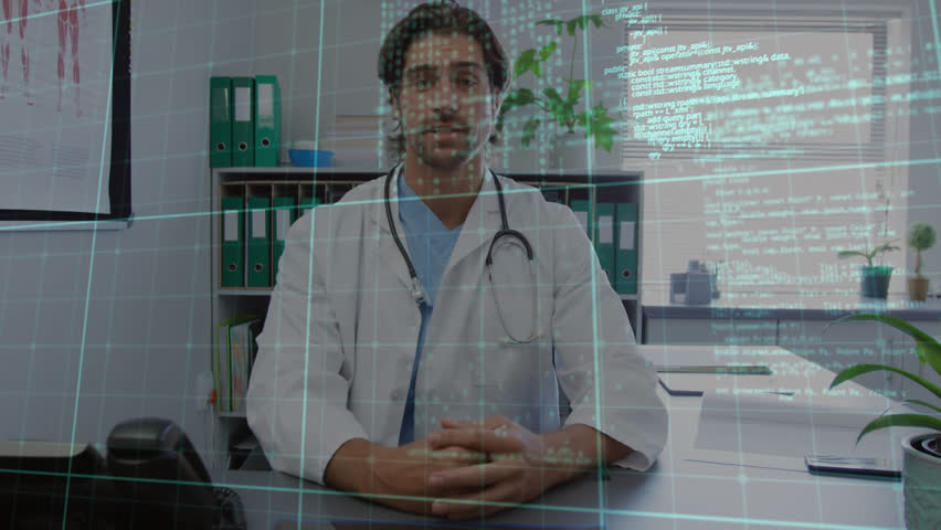 Animation of data processing over caucasian male doctor talking. Global medicine, healthcare, computing and data processing concept digitally generated video.