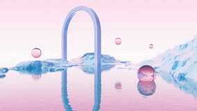 Abstract frame arch and spheres with water surface and mountains video, 3d rendering. Digital drawing.