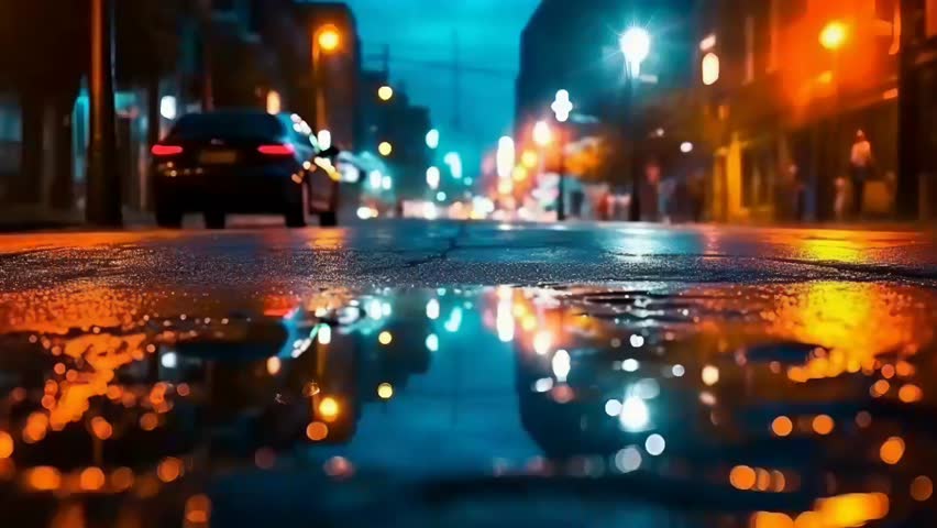 Damp black-top, reflection of neon lights, a searchlight, smoke. Theoretical light in a dull purge road with smoke, exhaust cloud.