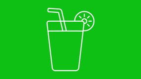 Animated lemonade white line icon. Ice cubes falling animation. Summer refreshment. Cold drink. Loop HD video with chroma key, alpha channel, transparent background. Outline motion graphic animation