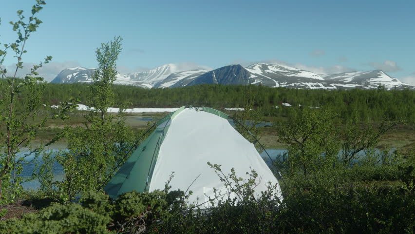 Green White Hiker Tent in a Beautiful Swedish Mountain Landscape, Northern Sweden, Lapland, Kungsleden Trail