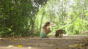 A video of a young girl touching a dog who is sniffing on the ground in a forest during daytime in Thailand