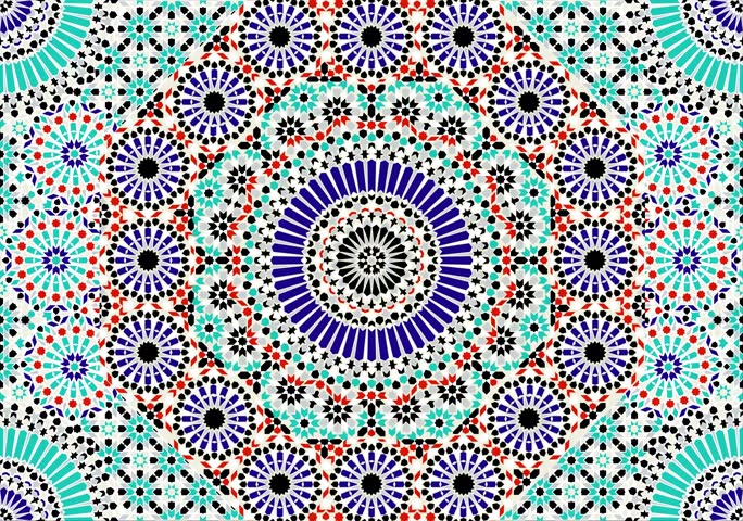 Moving hypnotic Arabic pattern mosaic video illustration. Seamless spiral and slow rotation. Red blue and green colors. Video animation 4K   Royalty-Free Stock Footage #1104837363