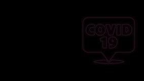 Glowing neon line Corona virus 2019-nCoV on location icon isolated on black background. Bacteria and germs, cell cancer, microbe, fungi. 4K Video motion graphic animation.