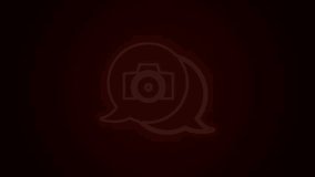 Glowing neon line Photo camera icon isolated on black background. Foto camera. Digital photography. 4K Video motion graphic animation.