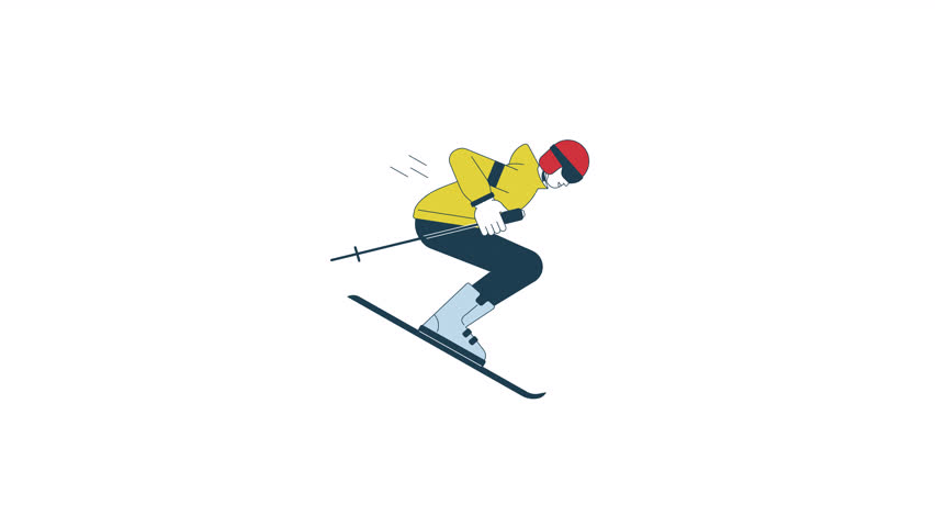 Skier jumping animation. Animated isolated 2D equipped athlete with poles on skis. Cartoon colour flat line character 4K video footage, white background, alpha channel transparency for web design