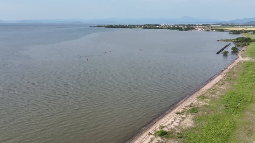 Drone aerial photography of Lake Biwa near Okishima, Shiga Prefecture