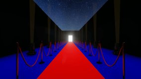 3d animation video walking on the red carpet to the white light door