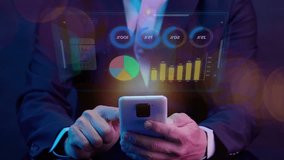 Businessman working with smartphone, showing chart and graph icons on virtual hologram digital screen interface. Big data analytics, BI business intelligence, investment and financial concept. - Powered by Shutterstock - Get 15% off with code: PIKWIZARD15