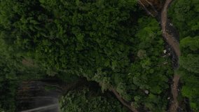 Vertical video. Wallride dive shot tropical island waterfall speed water fall stream stones mountain valley aerial view. FPV sport drone extreme jungle cascade fern greenery cliff creek pool scenery