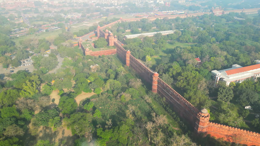 Delhi: Aerial view of capital city of India, famous landmark Red Fort (Lal Qila) - landscape panorama of South Asia from above