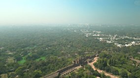 Delhi: Aerial view of capital city of India, famous landmark Purana Qila fort (Old Fort) - landscape panorama of South Asia from above