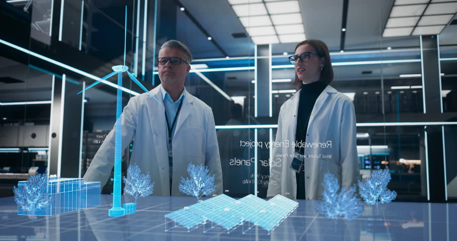 Male And Female Renewable Energy Engineers Using Futuristic Animated Hologram of Wind Turbine Prototype In Computer Powered Laboratory. Caucasian Colleagues Controlling VFX Projection With Gestures. Royalty-Free Stock Footage #1104843435
