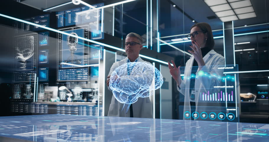 Two Neuroscientists Working With Computer-Powered Animated VFX Hologram Of Human Brain And Nervous System In Futuristic Laboratory. Caucasian Man And Woman Working On Solutions for Brain Damage.