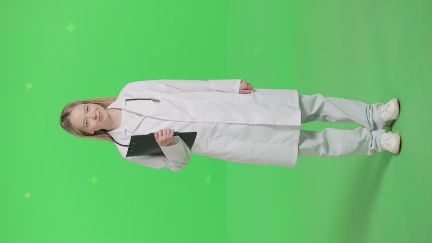 Vertical shot on a green screen background. VR or AR online consultation with a doctor. A beautiful smiling nurse in a white coat conducts consultations and records information on a tablet. | Shutterstock HD Video #1104844599